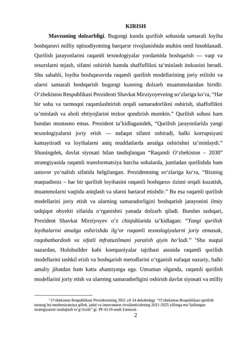 Loyiha boshqaruvida raqamli qurilish modellarini tashkil etish va ularning samaradorligini boshqarish (Holobuilder korxonasi misolida) 2