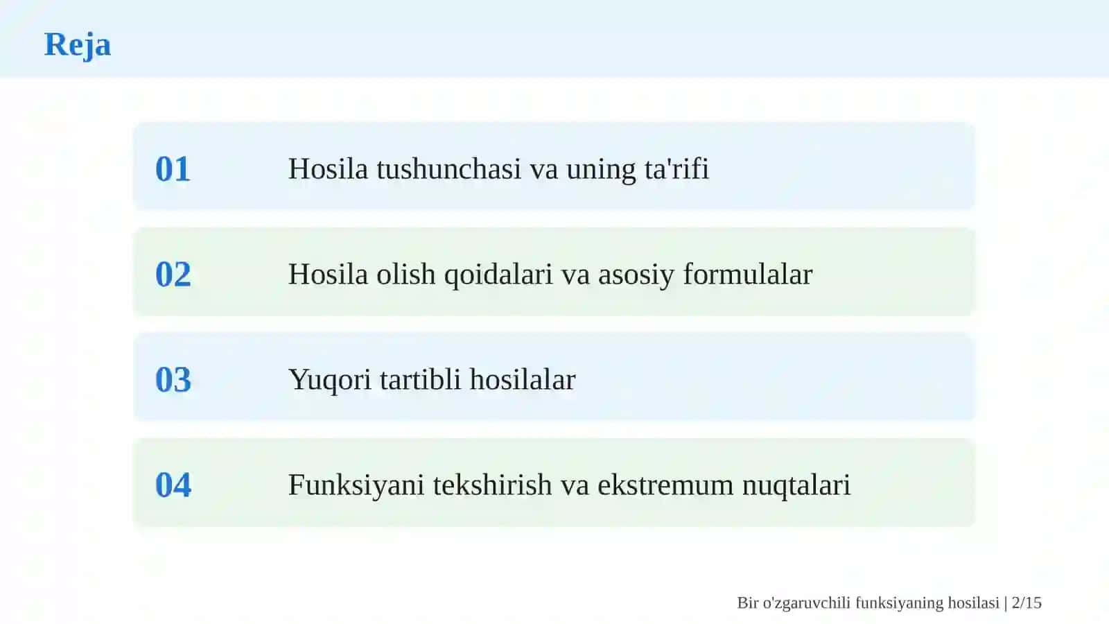 Bir o'zgaruvchili funksiyaning hosilasi 2