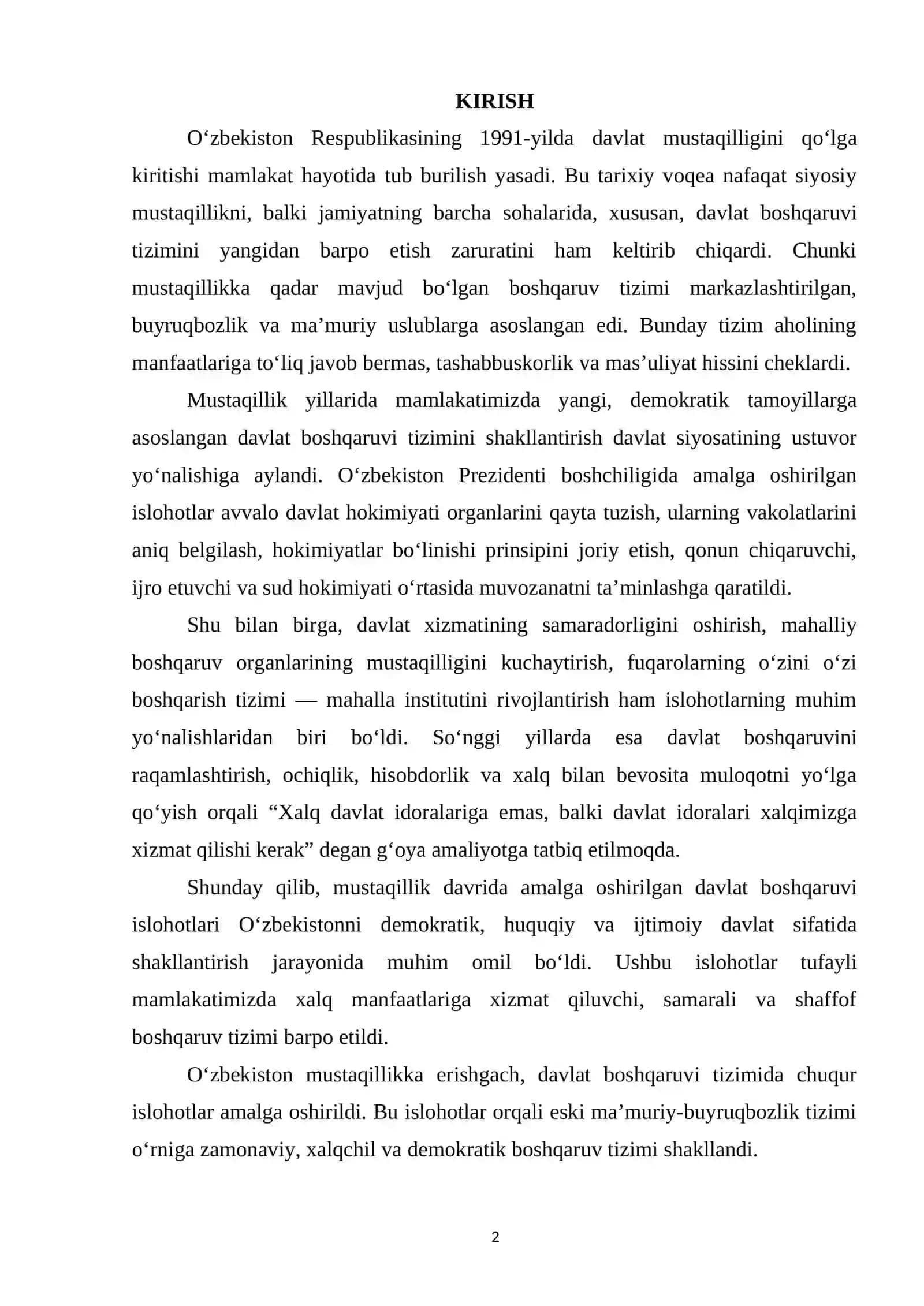 Mustaqillik yillarida davlat boshqaruvi tizimida amalga oshirilgan islohotlar 2