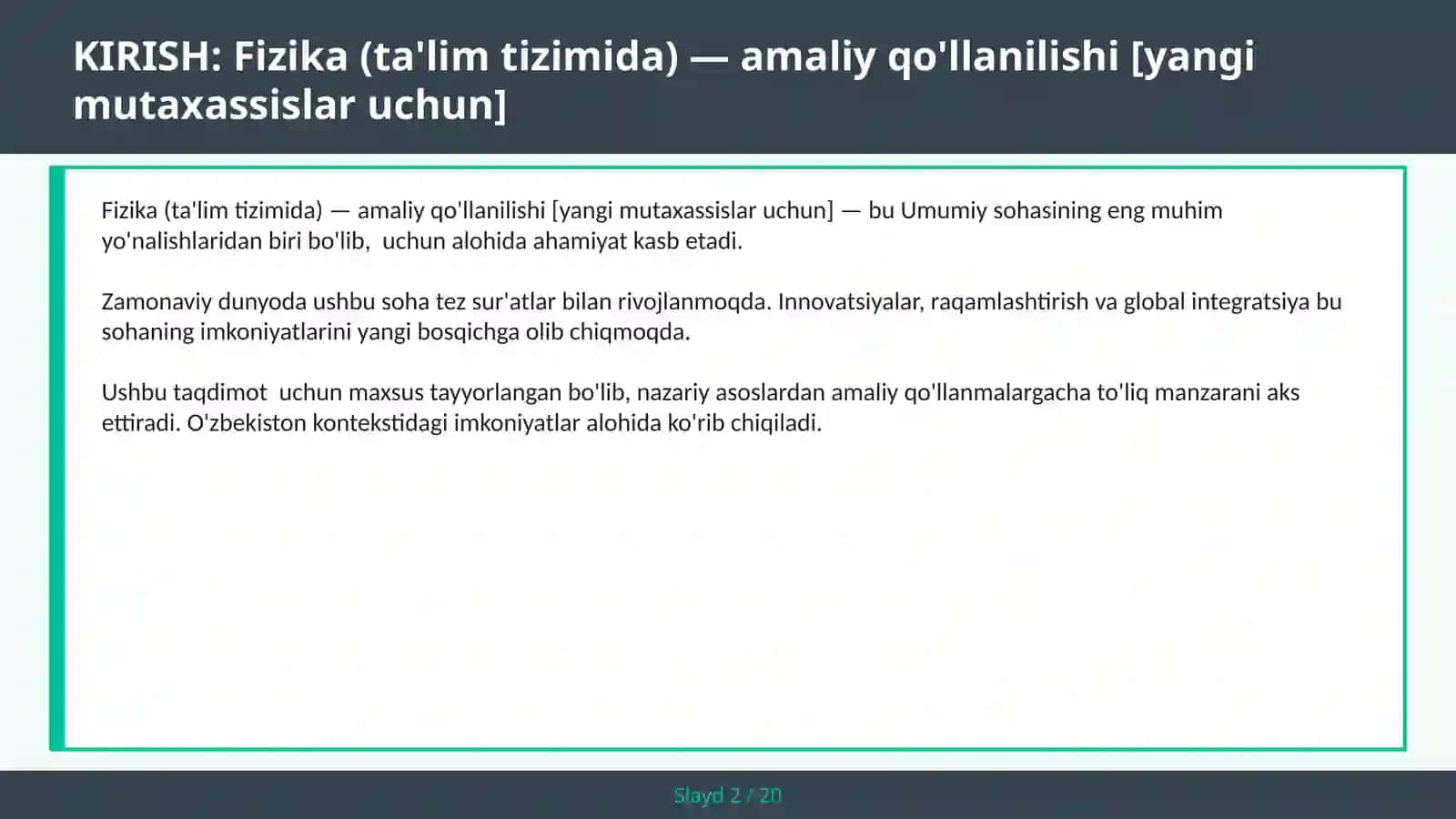 Fizika (ta'lim tizimida) — amaliy qo'llanilishi [yangi mutaxassislar uchun] 2