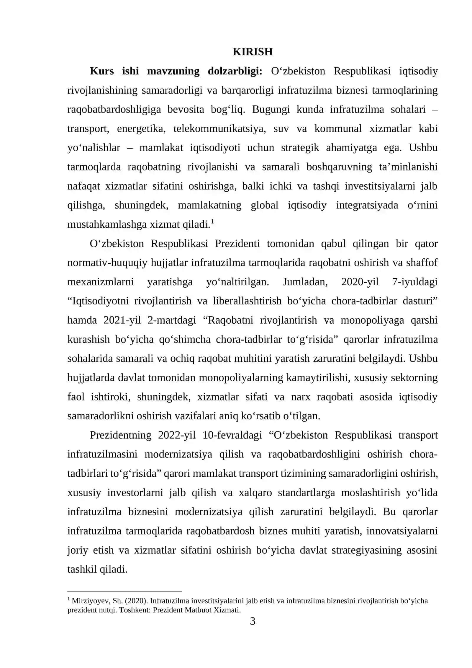 O‘zbekiston infratuzilma biznesi tarmoqlarining raqobatbardoshligi 2