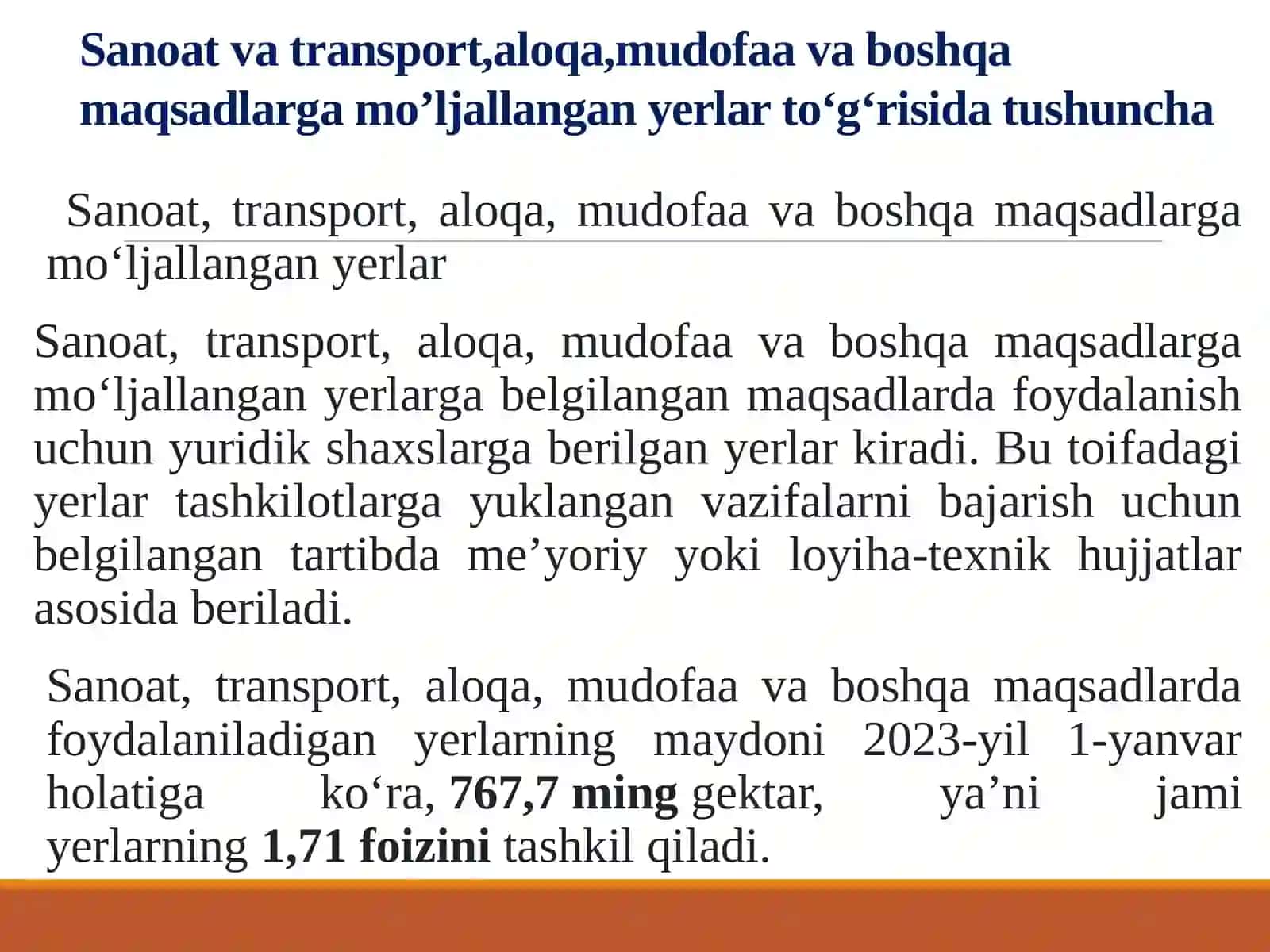 SANOAT, TRANSPORT, ALOQA, MUDOFAA VA BOSHQA MAQSADLARGA MO‘LJALLANGAN YERLAR TO’G’RISIDA TUSHUNCHA VA HUQUQIY HOLATINING UMUMIY XUSUSIYATLARI 2