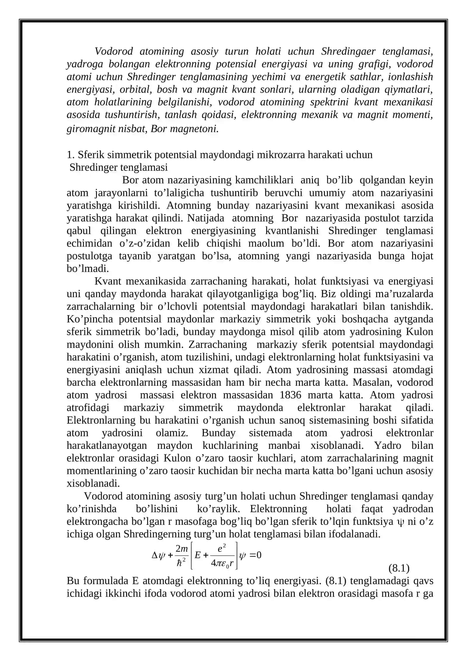 Vodorod аtomining kvant nazariysi 2