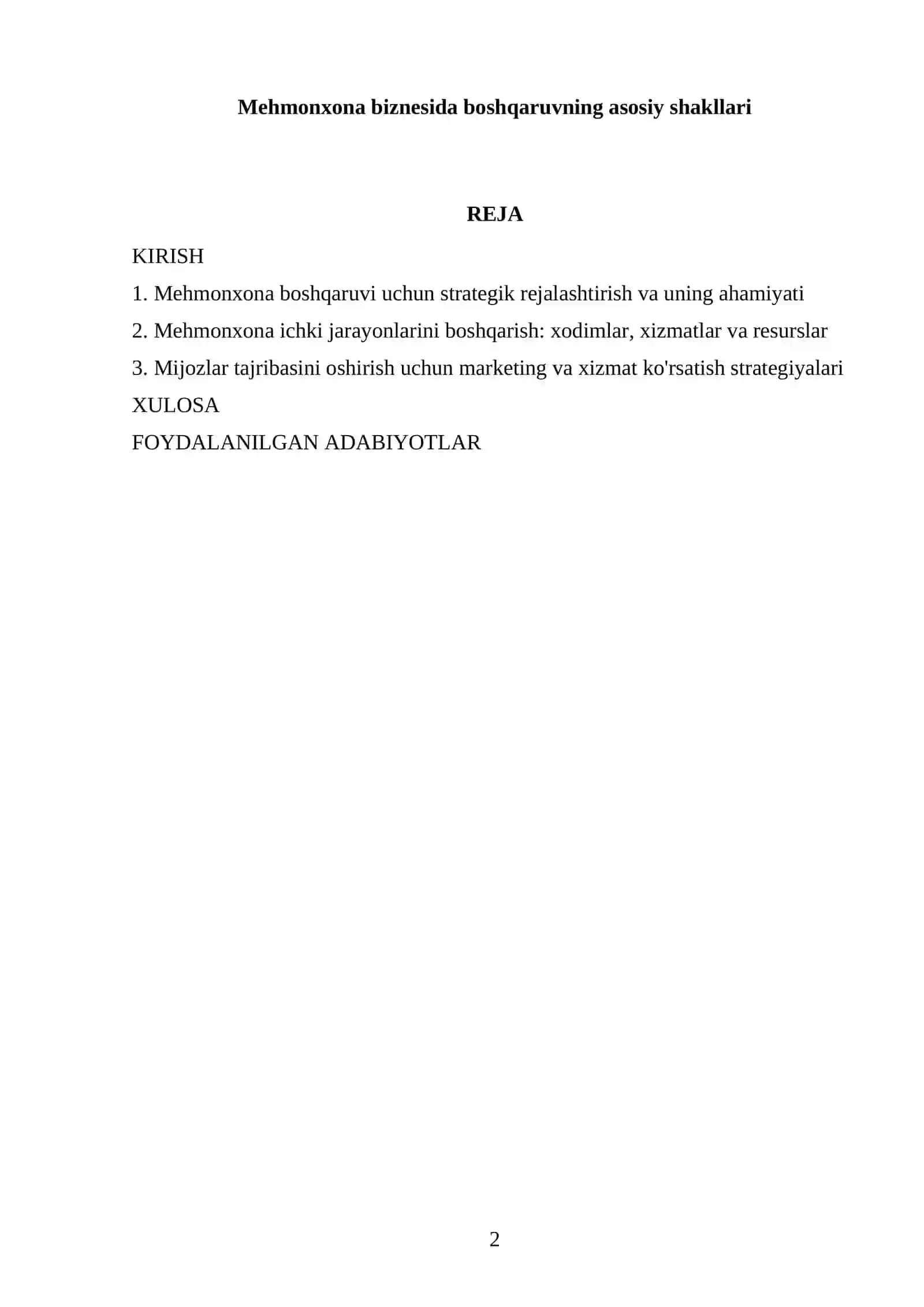 Mehmonxona biznesida boshqaruvning asosiy shakllari 2