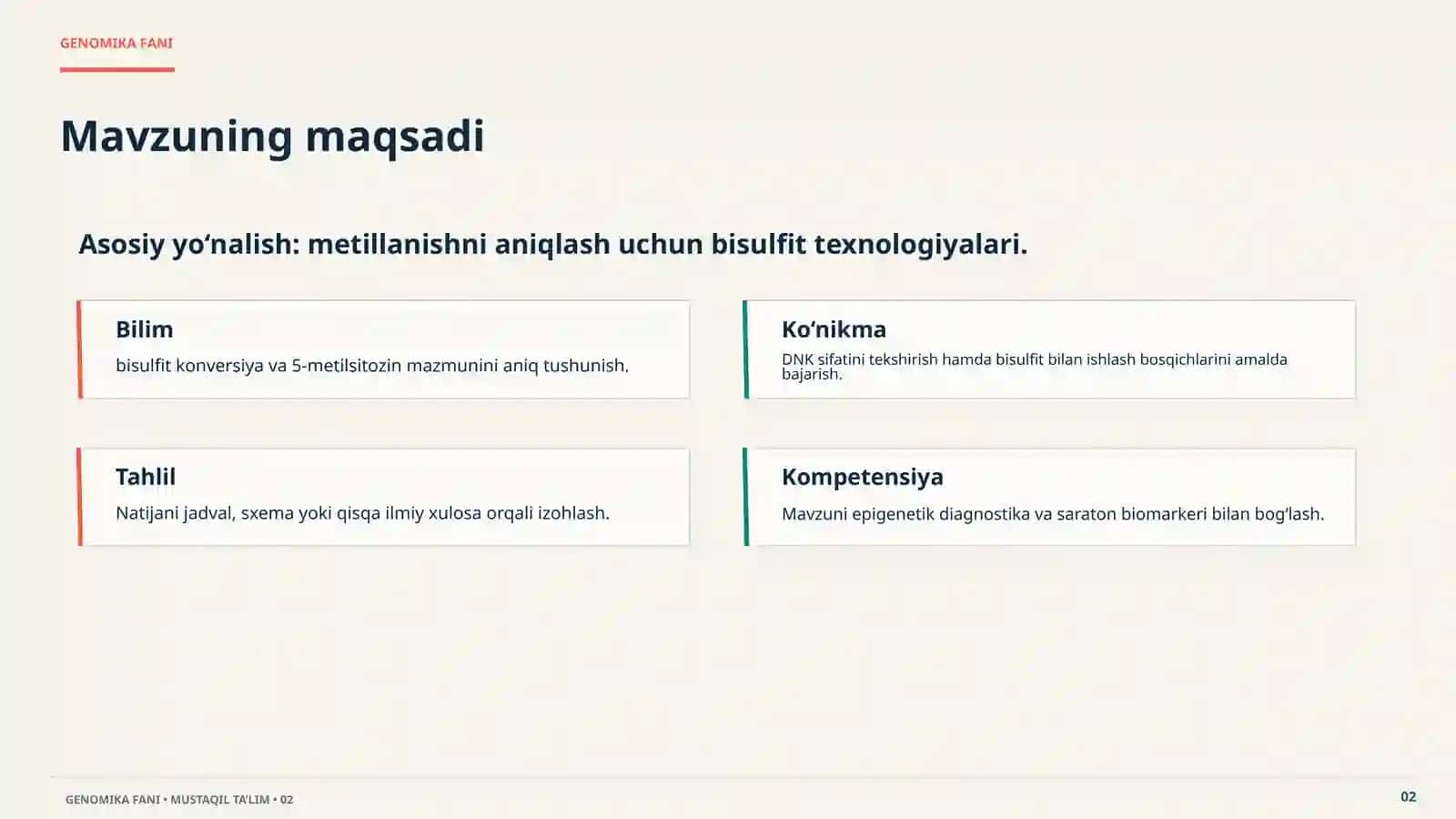 GENOMIKA FANIDAN MUSTAQIL TA’LIM DNK metillashni o‘rganish usullari, genom DNKni bisulfitli ishlash, bisulfit sekvenslash. Metillanishni aniqlash uchun bisulfit texnologiyalari. Premium taqdimot 20 slaydli 2