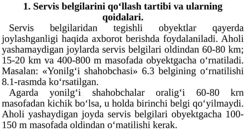 Servis va qo'shimcha axborot belgilari 2