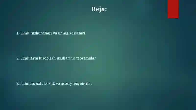 Limitning informal ta'rifi funksiya qiymati x argument ma'lum bir nuqtaga yaqinlashganda qanday songa yaqinlashishini intuitiv tushuntiradi, ammo aniq emas 2