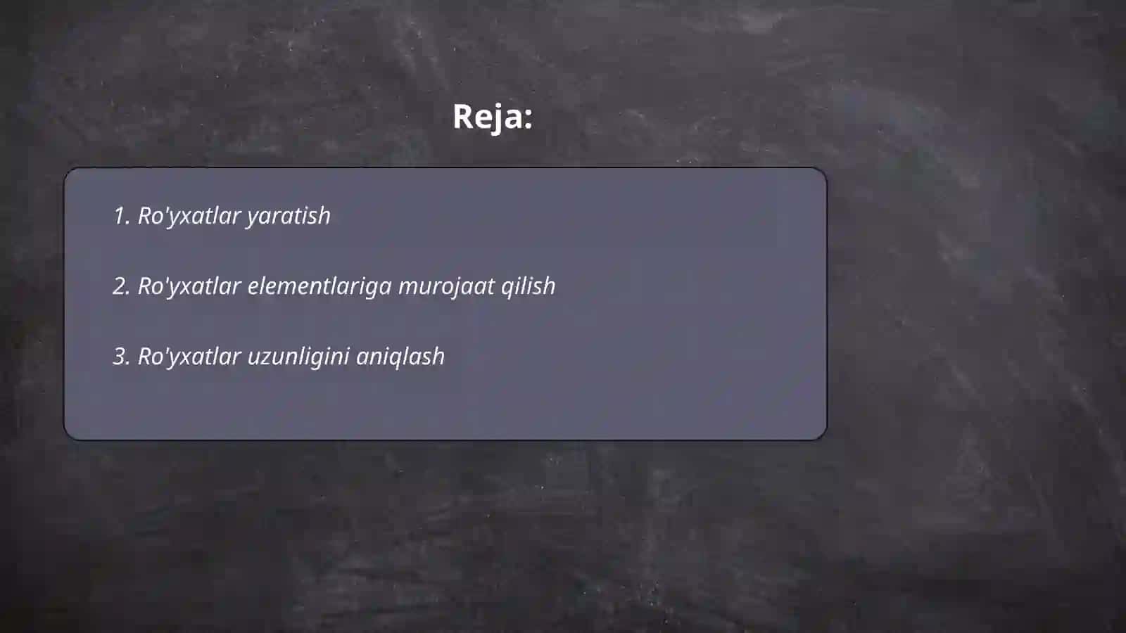 Phyton dasturlash tilida ro’yxat (List) va uning metodlari 2
