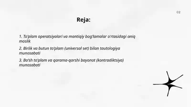 To'plamlar algebrasi mulohazalar algebrasi o'rtasidagi munosabat 2