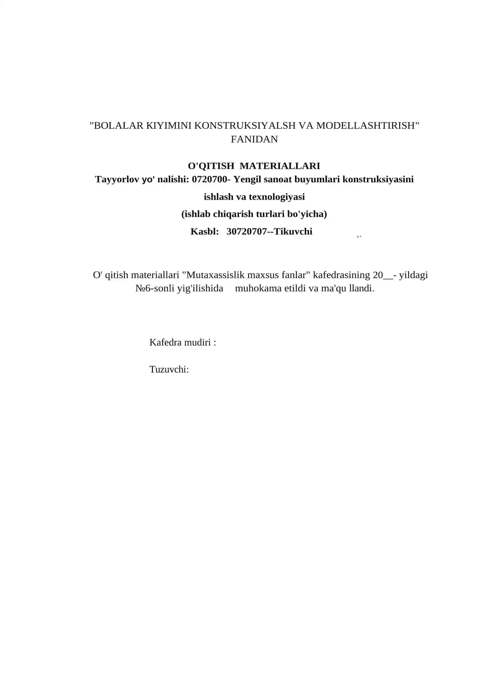 BOLALAR КIYIMINI KONSTRUKSIYALSH VA MODELLASHTIRISH FANIDAN O'QITISH  МATERIALLARI 2