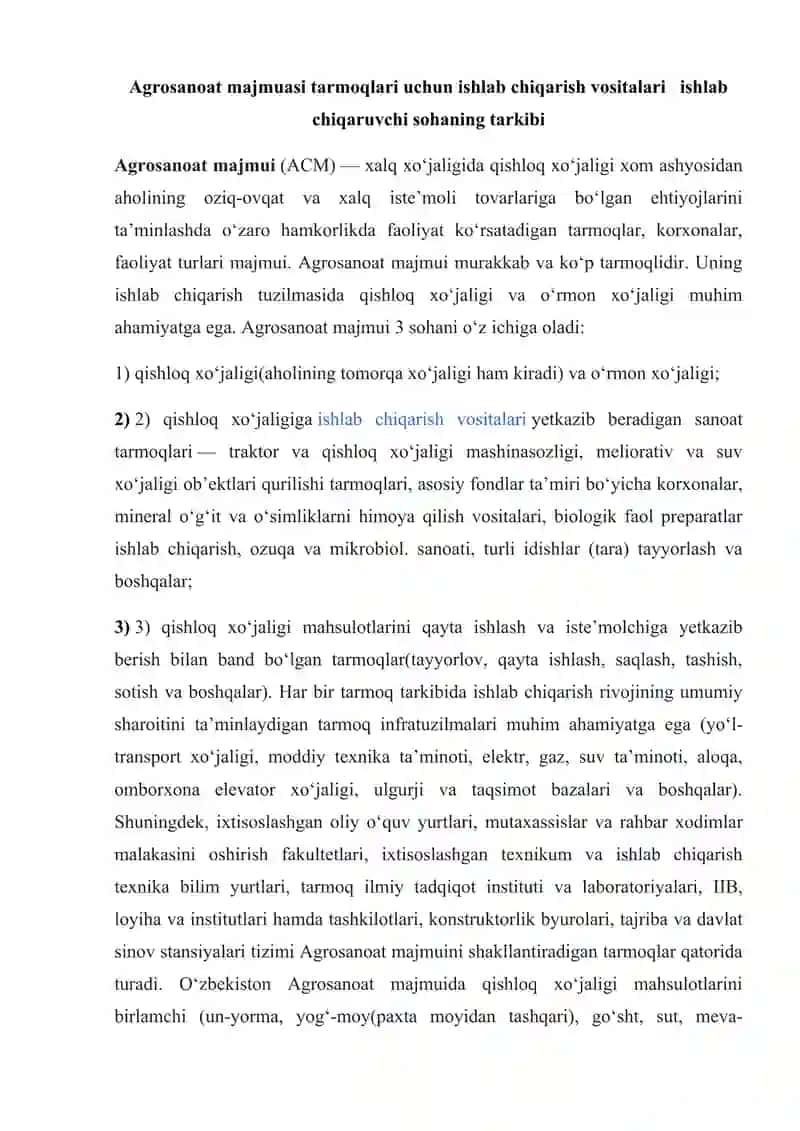 Agrosanoat majmuasi tarmoqlari uchun ishlab chiqarish vositalari ishlab chiqaruvchi sohaning tarkibi 2