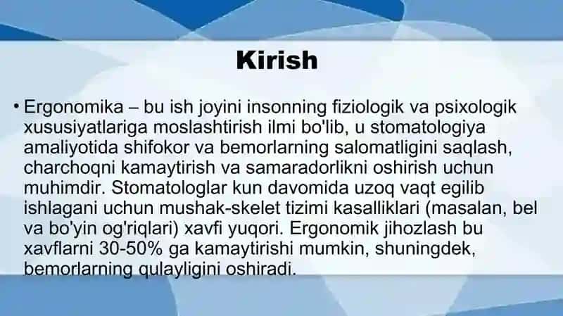 Ergonomika. Stamatalogiya xonasining jixozlanishi 2