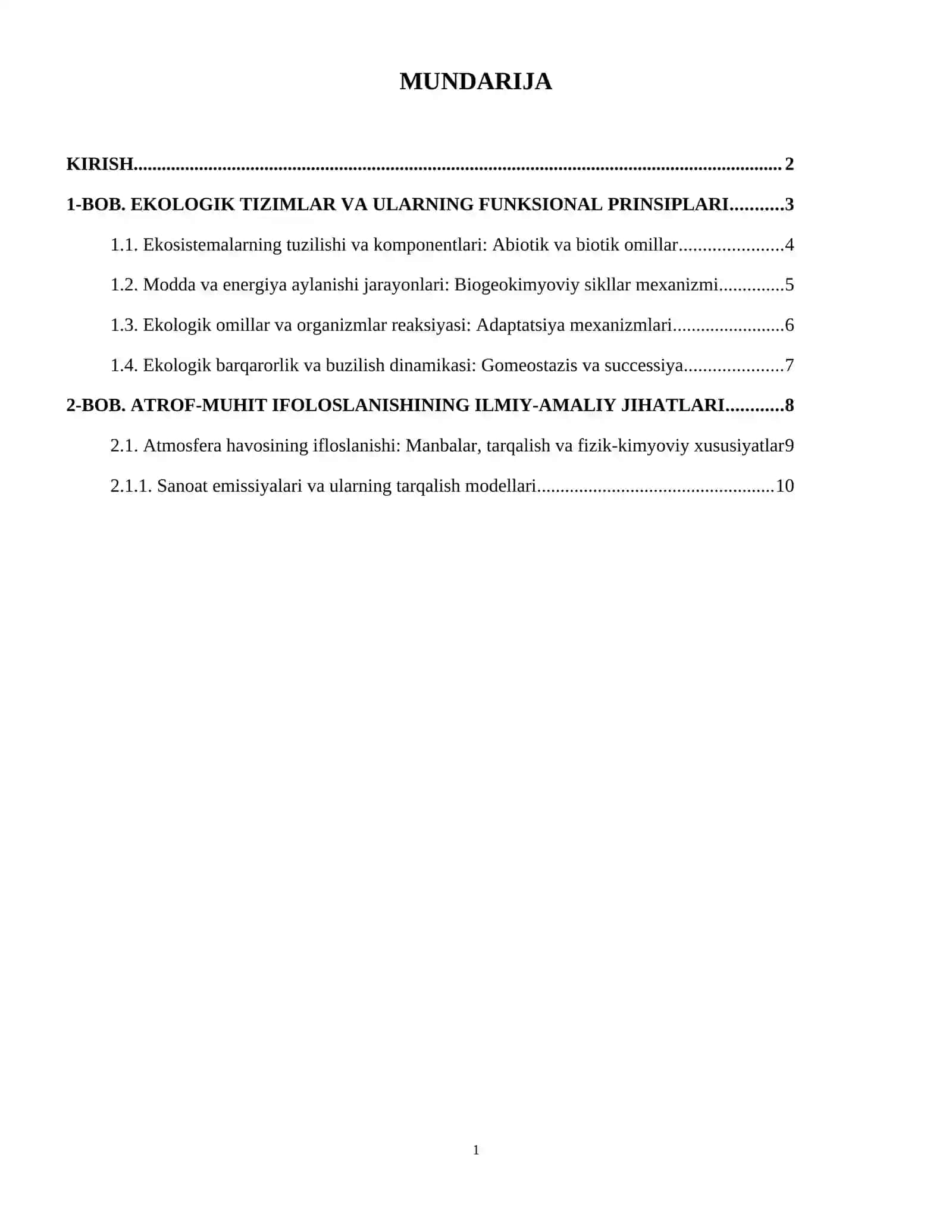 REFERAT. Mavzu: Ekologiya va atrof-muhitni muhofazasi yo‘nalishi 2