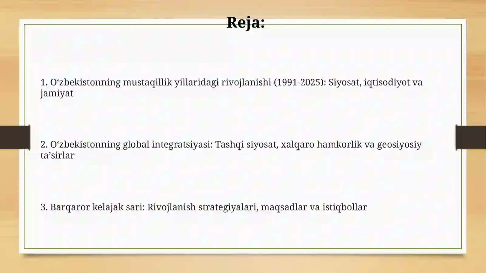 O'zbekistonning mustaqillik yillaridagi siyosiy va iqtisodiy o'zgarishlari (1991-2025) 2