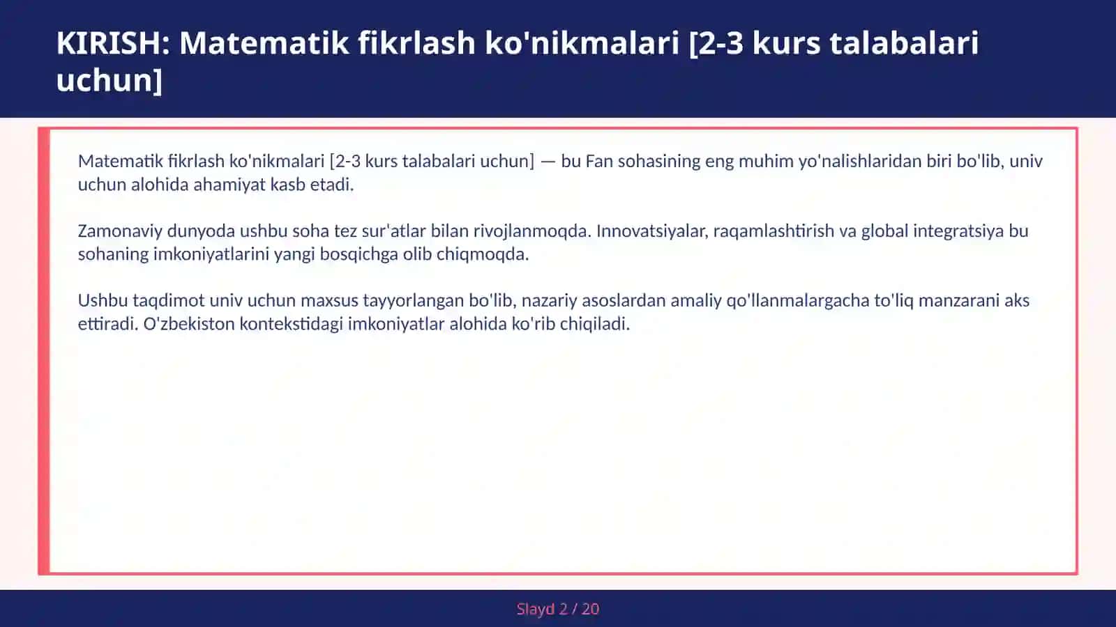 Matematik fikrlash ko'nikmalari [2-3 kurs talabalari uchun] 2