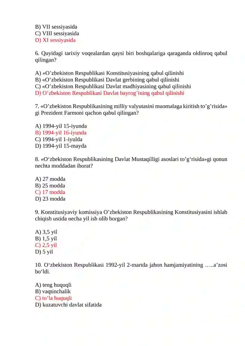 Mustaqil O‘zbekiston Respublikasi tashkil topishining tarixiy ahamiyati. O‘zbekistonning o‘ziga xos istiqlol va taraqqiyot yo‘li.   Test savollari. 2