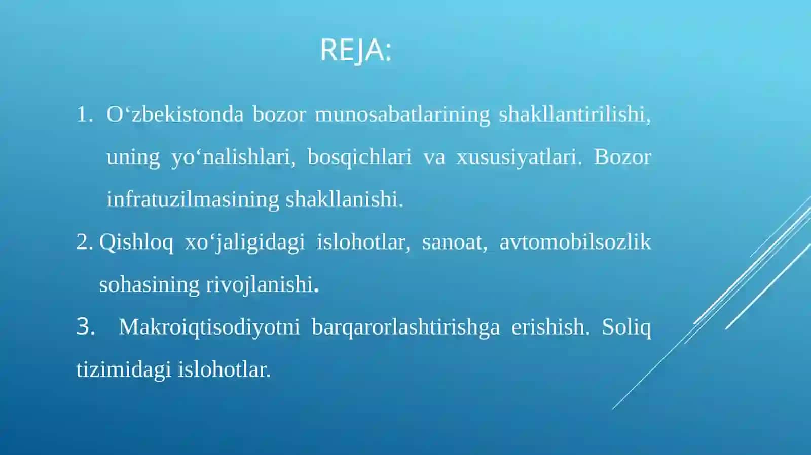 IQTISODIY ISLOHOTLAR, XUSUSIY MULKCHILIKNING SHAKLLANISHI. O‘ZBEKISTONDA BOZOR MUNOSABATLARINING RIVOJLANISHI 2