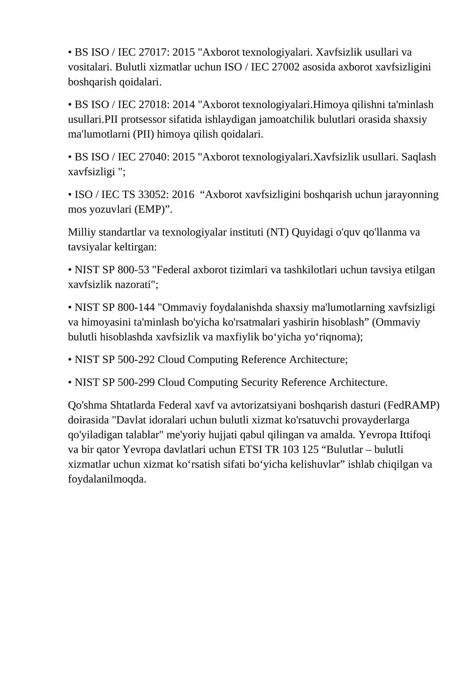 Bulutli hisoblashdan foydalanish bo'yicha xalqaro va mahalliy standartlar va ko'rsatmalar 2