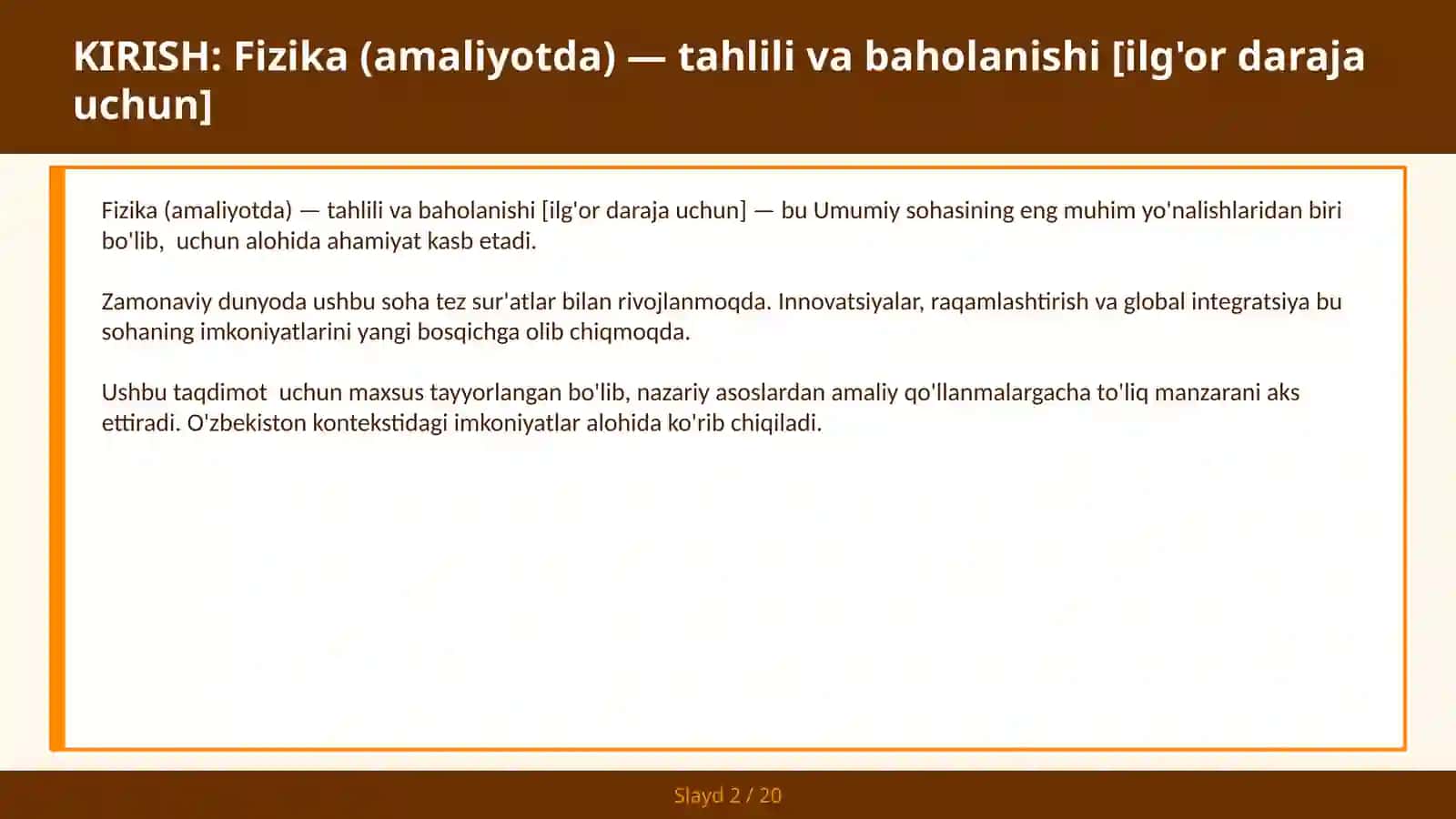Fizika (amaliyotda) — tahlili va baholanishi [ilg'or daraja uchun] 2