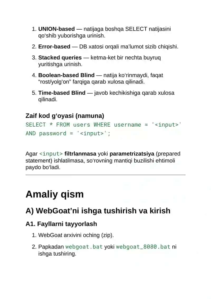 OWASP WebGoat simulyatorida SQL Injection (Blind va String) zaifligini amalda tekshirish 2