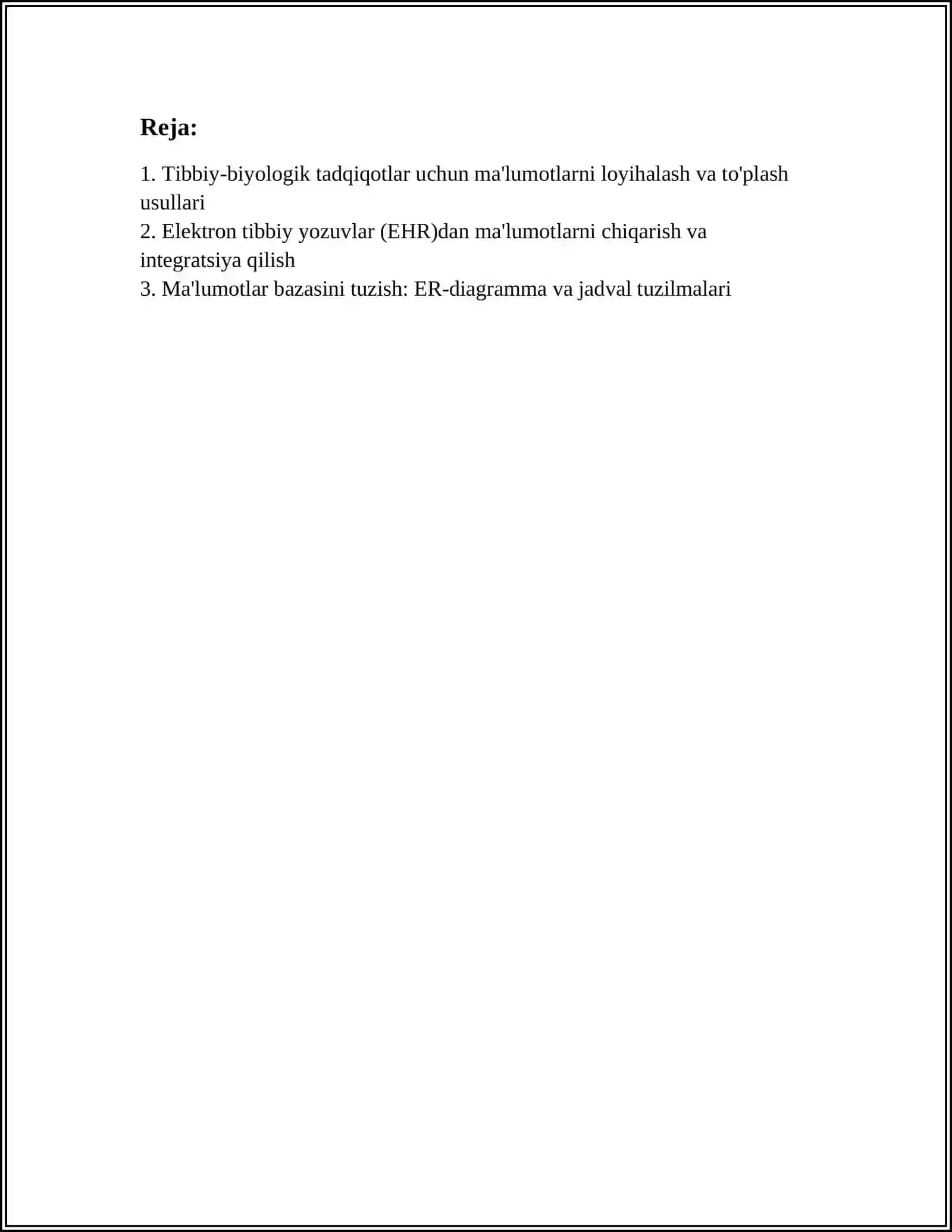TIBBIY - BIOLOGIK MASALANI YECHISH MISOLIDA MA'LUMOTLARNI TASHKIL QILISH VA KIRITISH 2