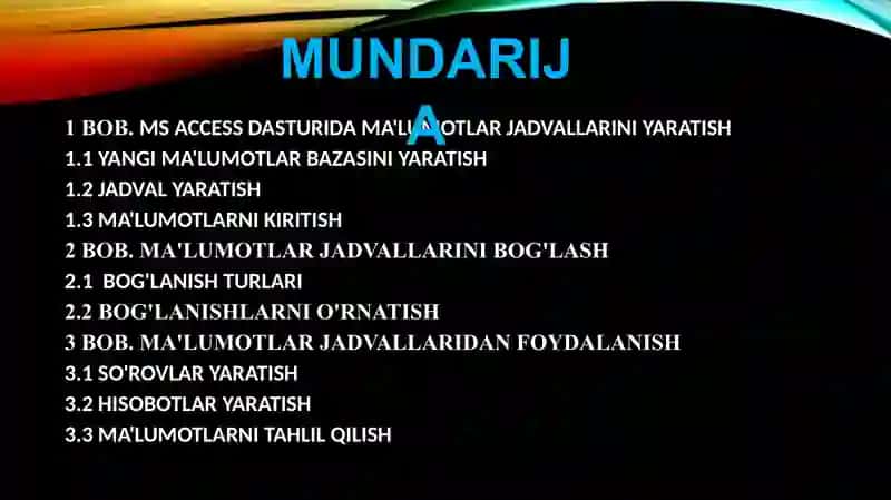 MS Access da ma’lumotlar jadvallarini ishlab chiqish va bog’lash 2