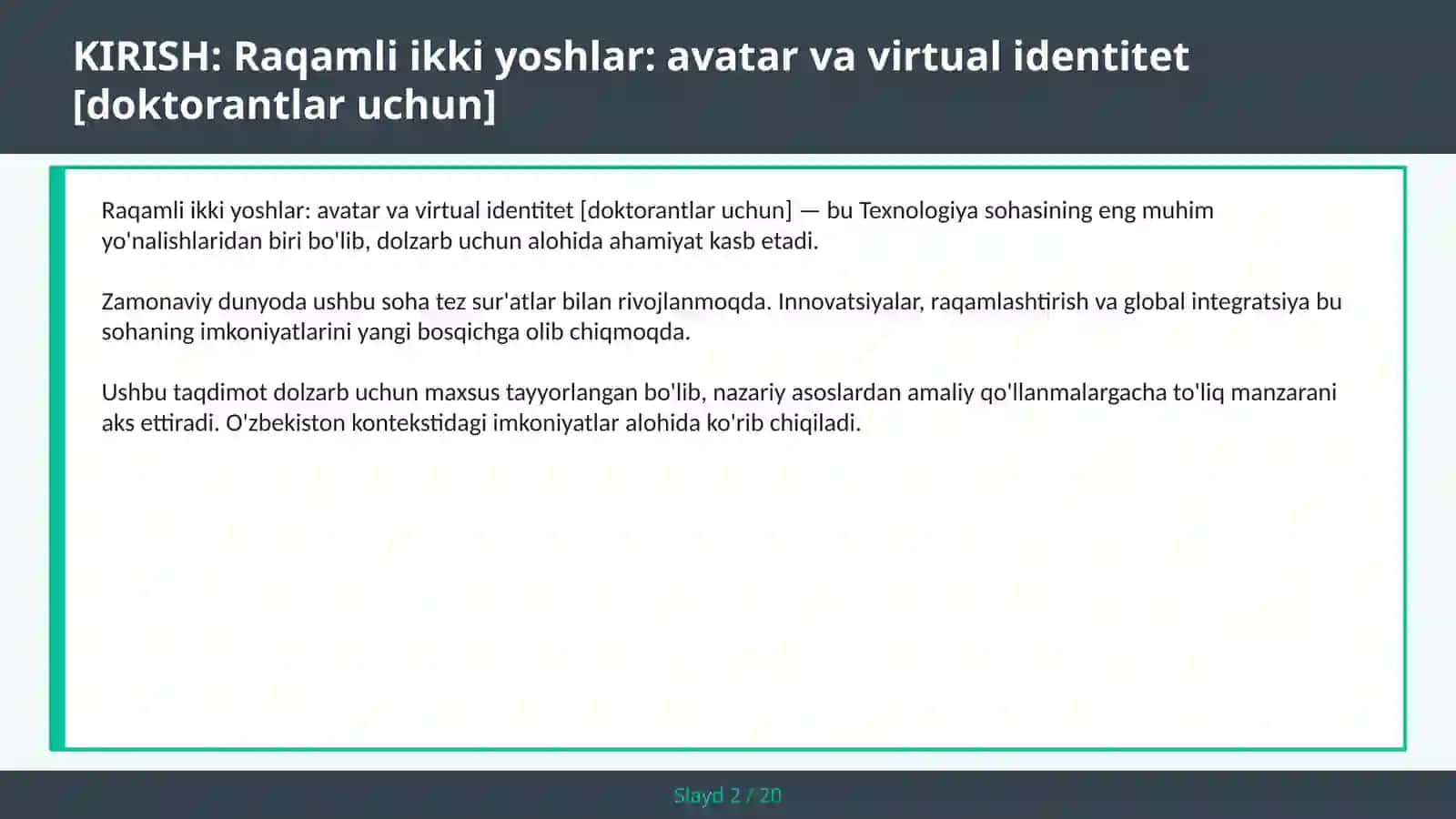 Raqamli ikki yoshlar: avatar va virtual identitet [doktorantlar uchun] 2