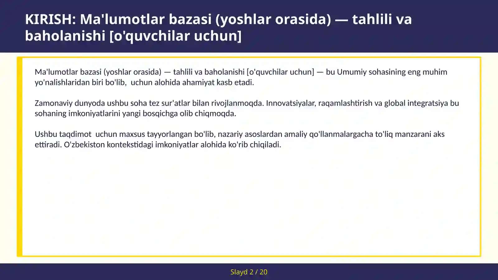 Ma'lumotlar bazasi (yoshlar orasida) — tahlili va baholanishi [o'quvchilar uchun] 2