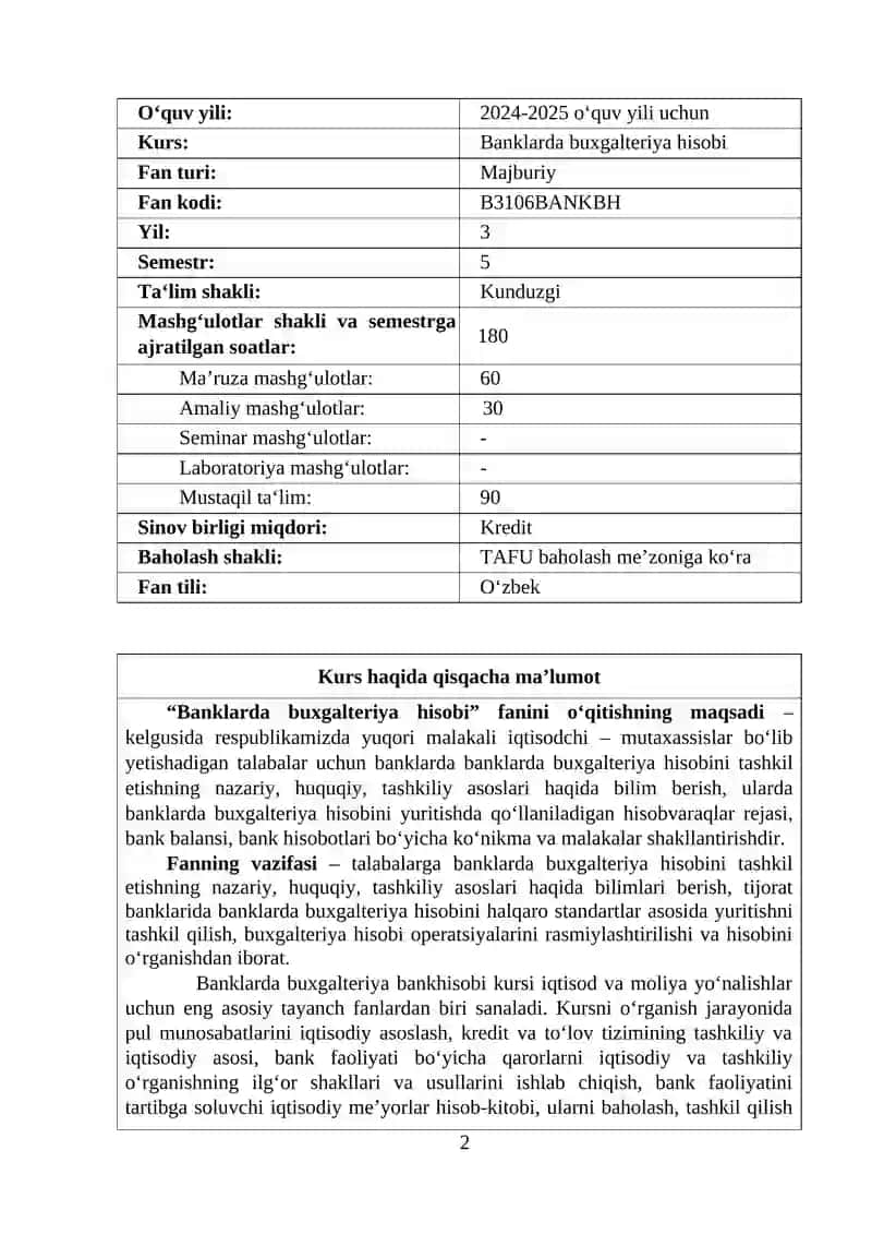 BANKLARDA BUXGALTERIYA HISOBI FAN SILLABUSI 2