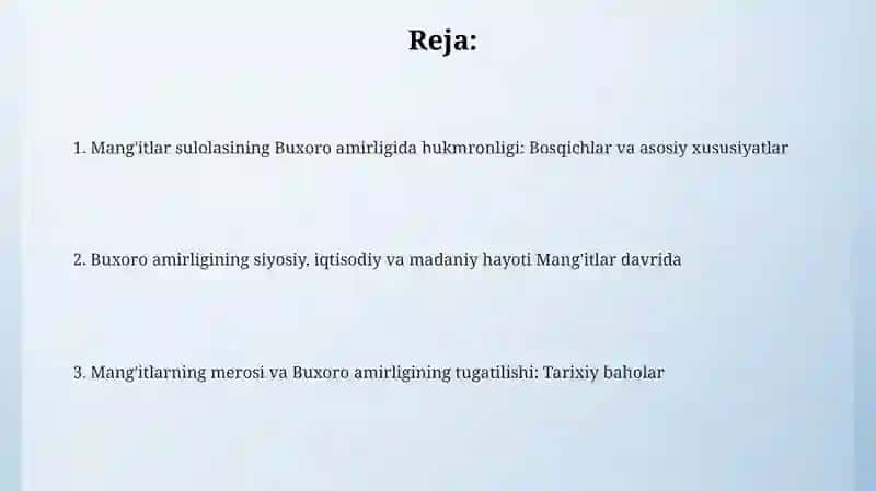 Mang'itlar sulolasi Buxoro amirligida hokimiyatga kelishi va o'rnatilishi 2