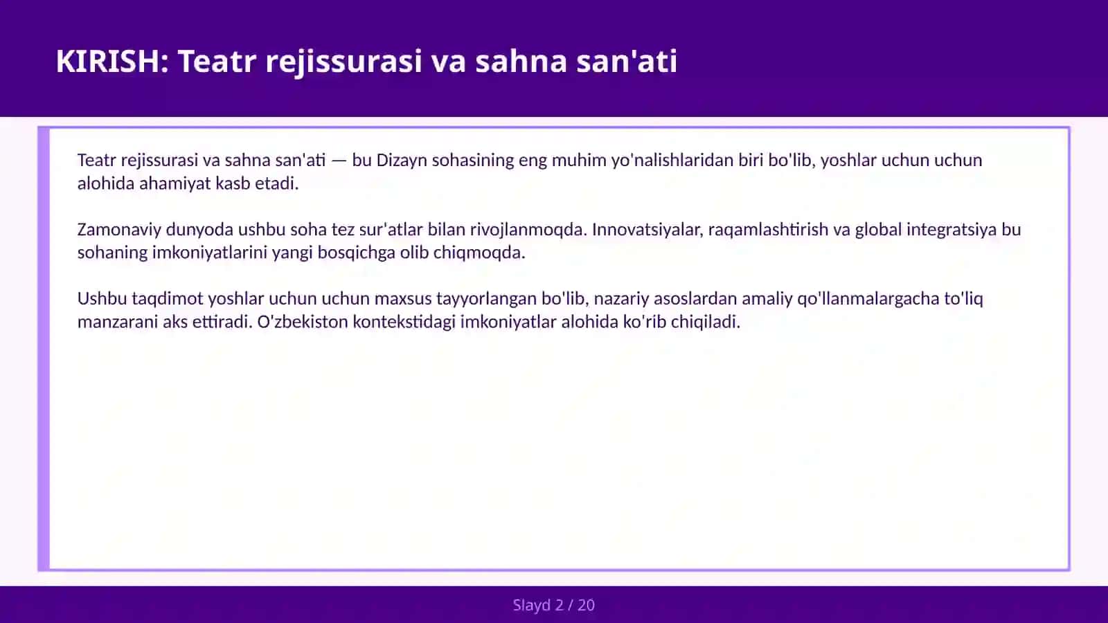 Teatr rejissurasi va sahna san'ati 2