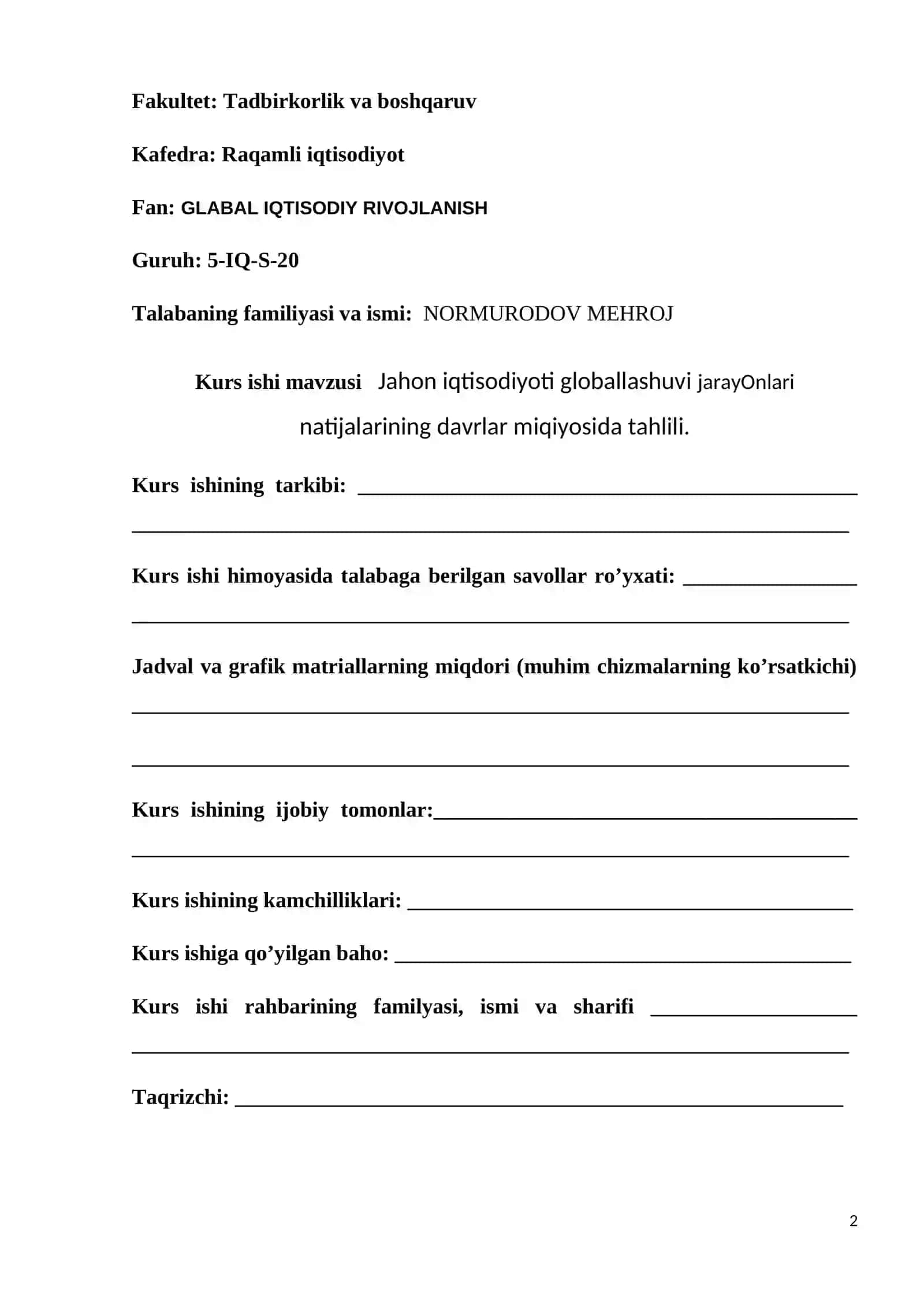 GLOBAL IQTISODIY RIVOJLANISH FANIDAN 2