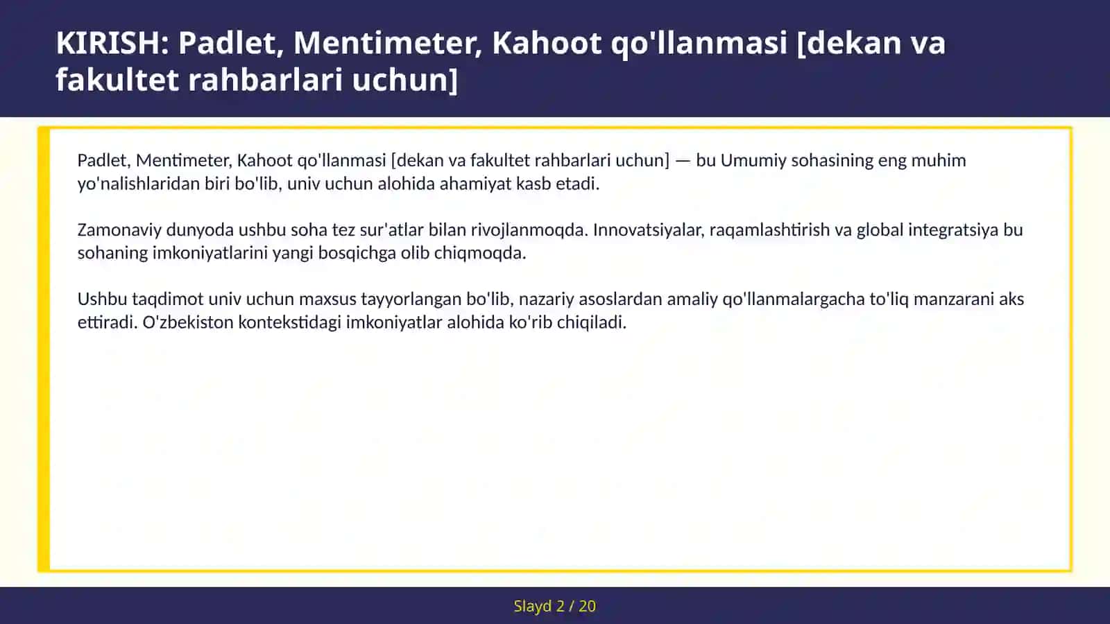 Padlet, Mentimeter, Kahoot qo'llanmasi [dekan va fakultet rahbarlari uchun] 2