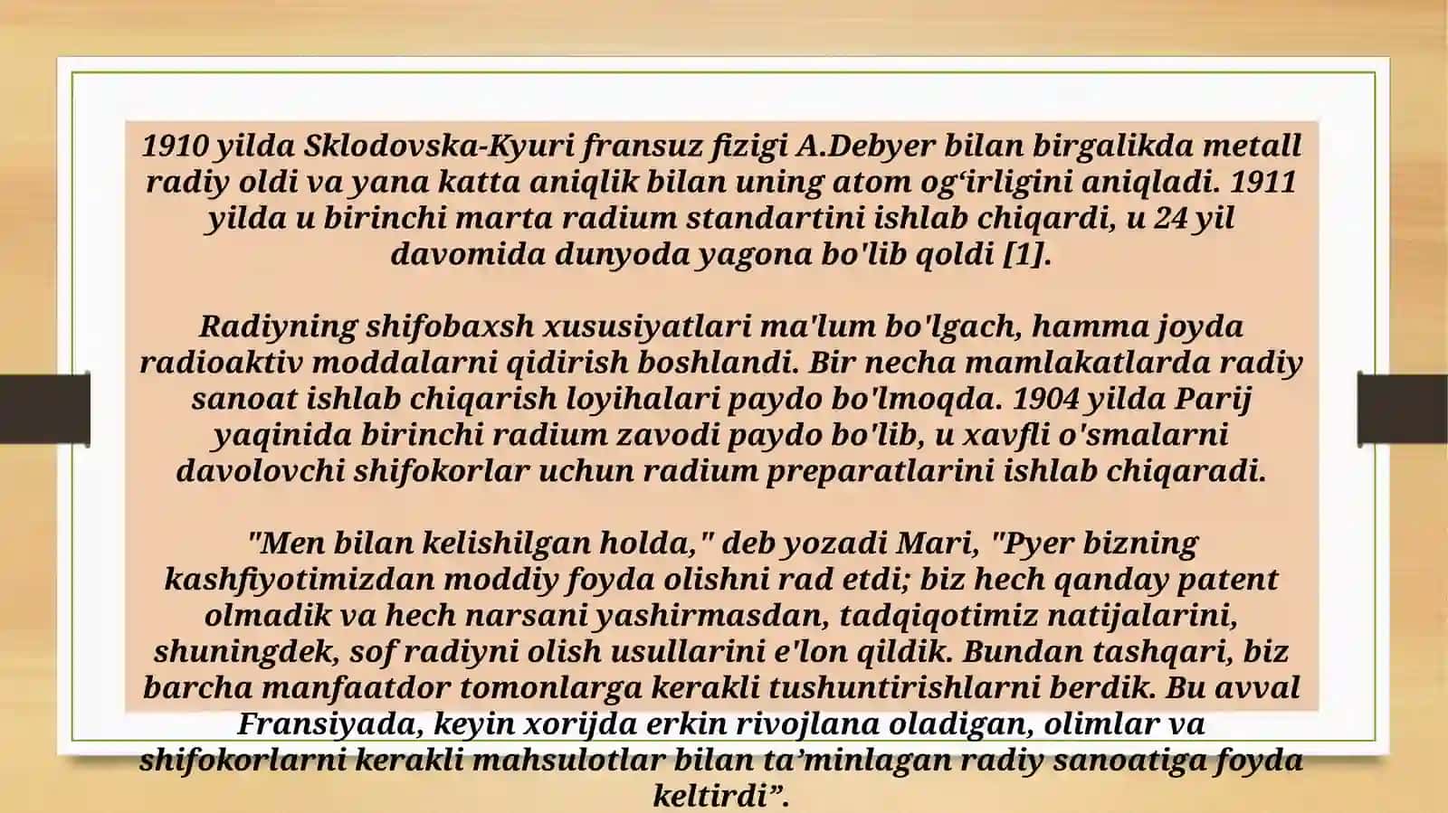M.Kuriyning kimyoviy kashfiyoti Radiy birikmalarining xossalari 2