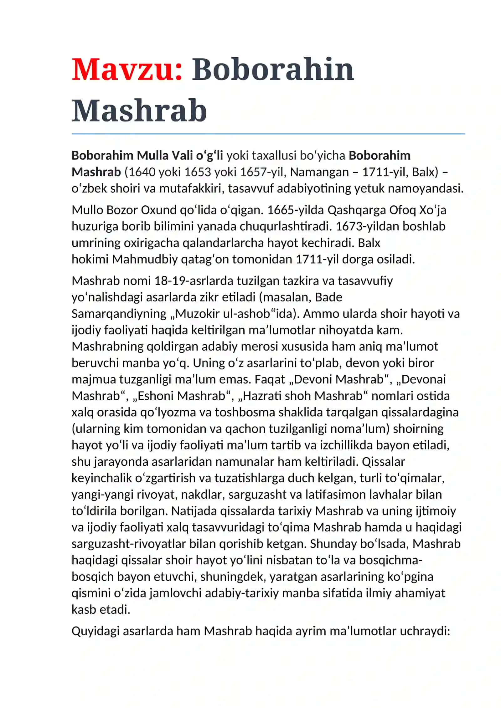 Boborahin Mashrab hayoti va ijodi 2