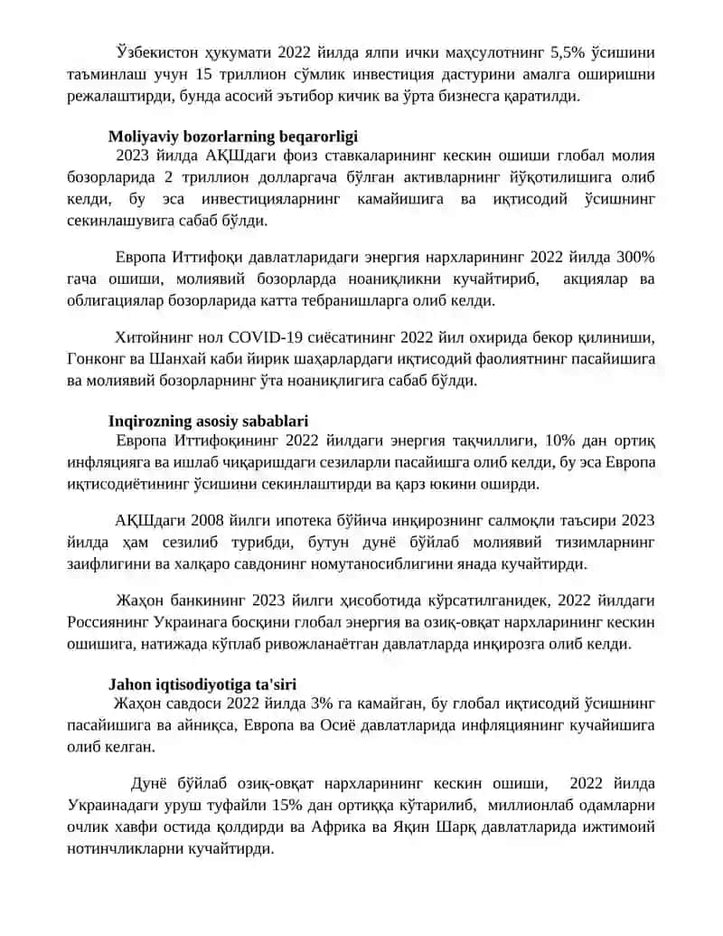 HOZIRGI ZAMON MOLIYAVIY-IQTISODIY INQIROZI MOHIYATI, KELIB CHIQISH SABABLARI VA OQIBATLARI 2