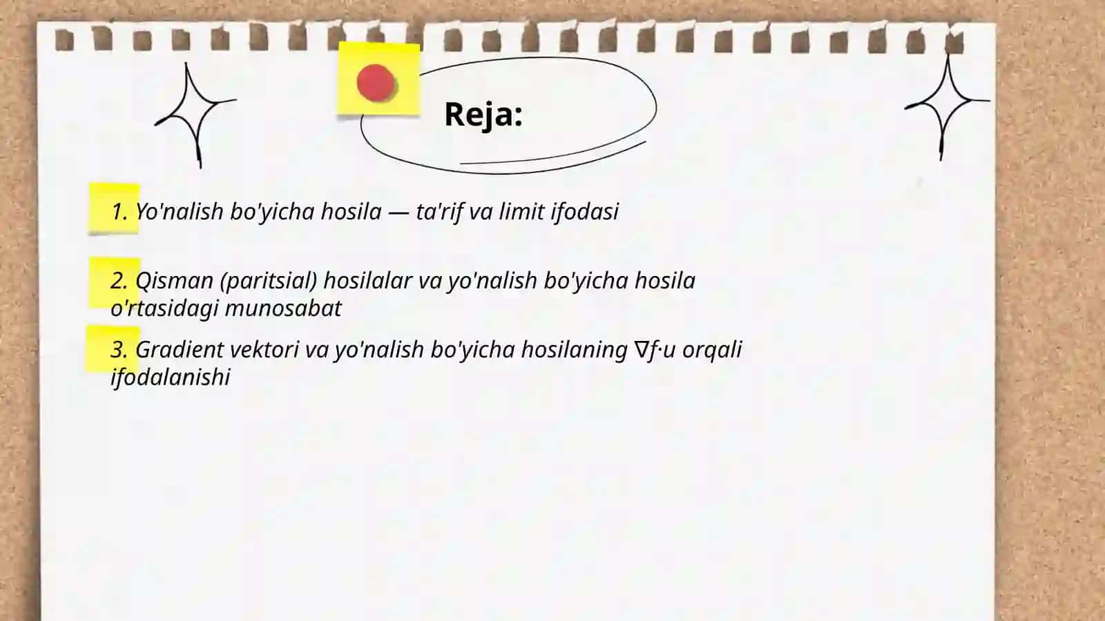 Ko'p o'zgaruvchili funksiyalarning berilgan yo'nalishi bo'yicha hosilasi 2