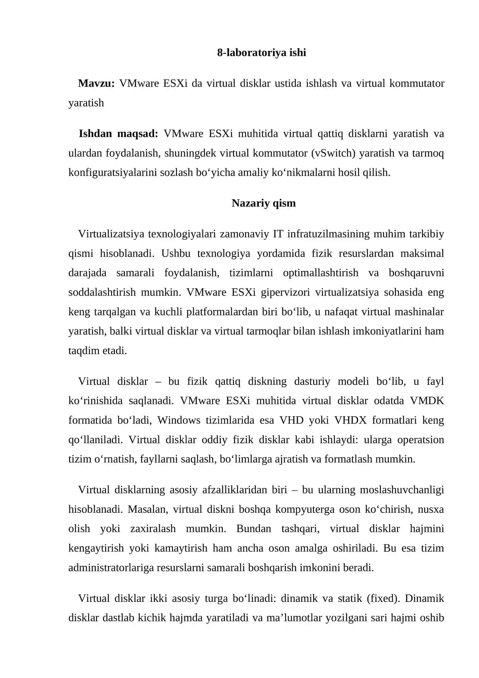 VMware ESXi da virtual disklar ustida ishlash va virtual kommutator yaratish 2