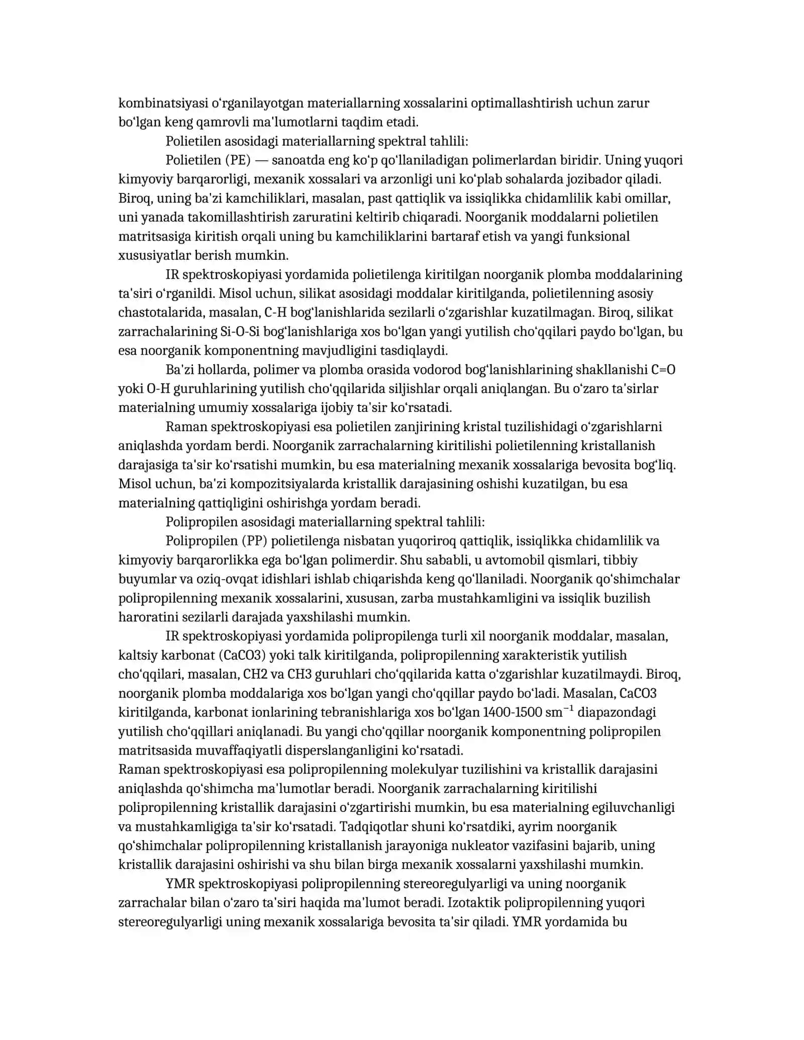 Ushbu bobda polietilen, polipropilen va poliamid asosida olingan organo-noorganik polimer materiallarning spektral ta'lili va fizik-kimyoviy tadqiqotlari 2