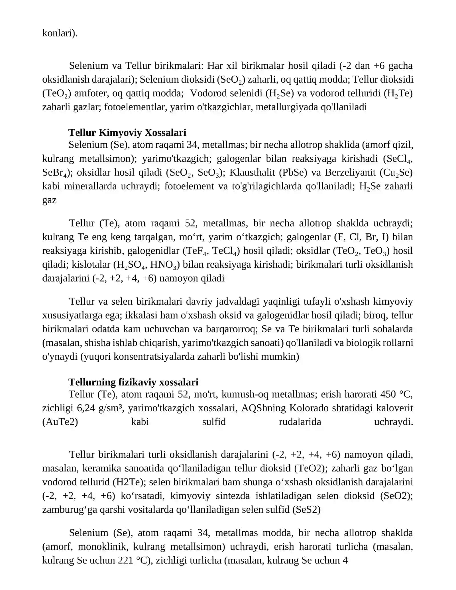 Selen tellur va ular birikmalarining xossalari 2
