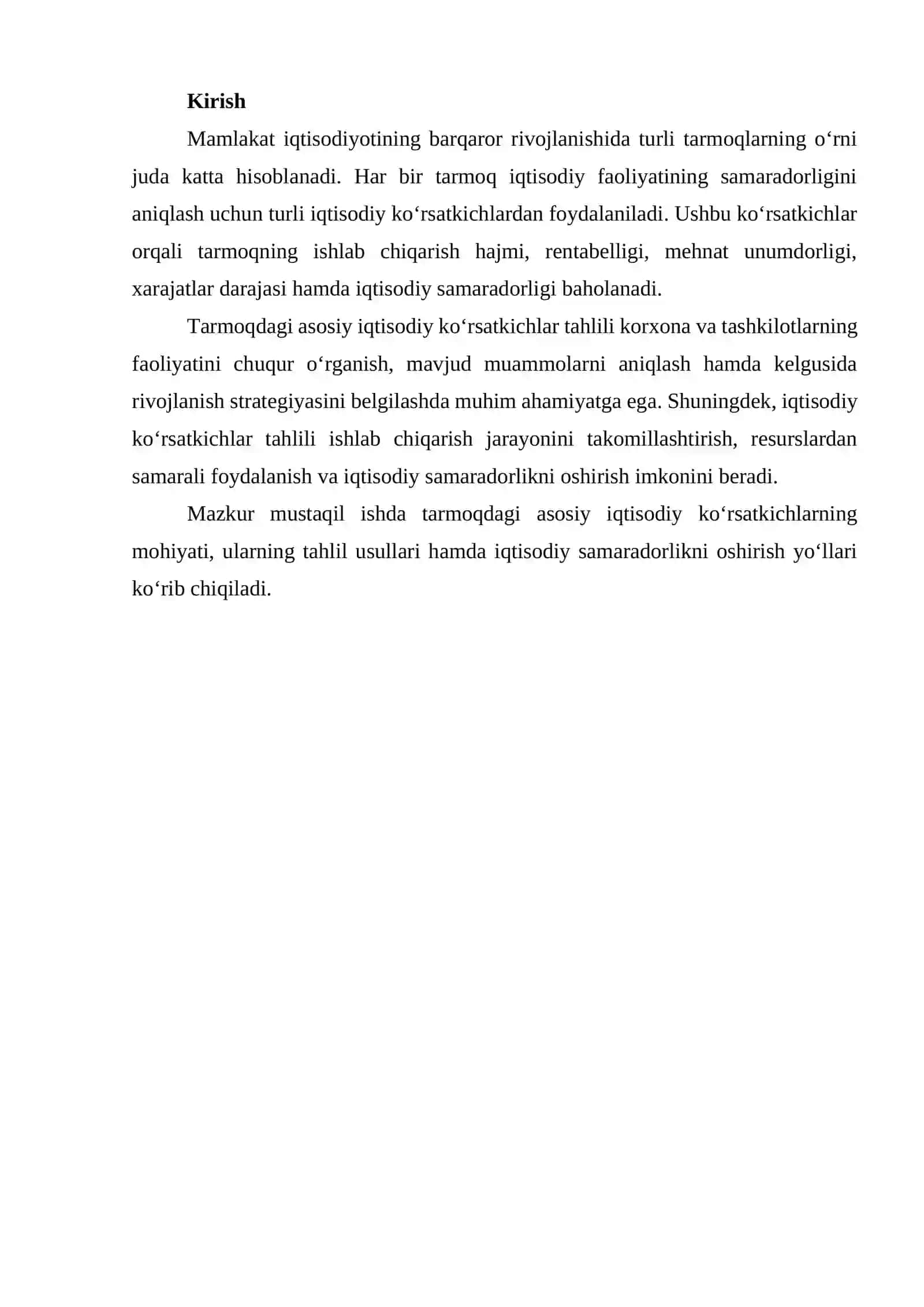 Tarmoqdagi asosiy iqtisodiy ko‘rsatkichlar tahlili 2