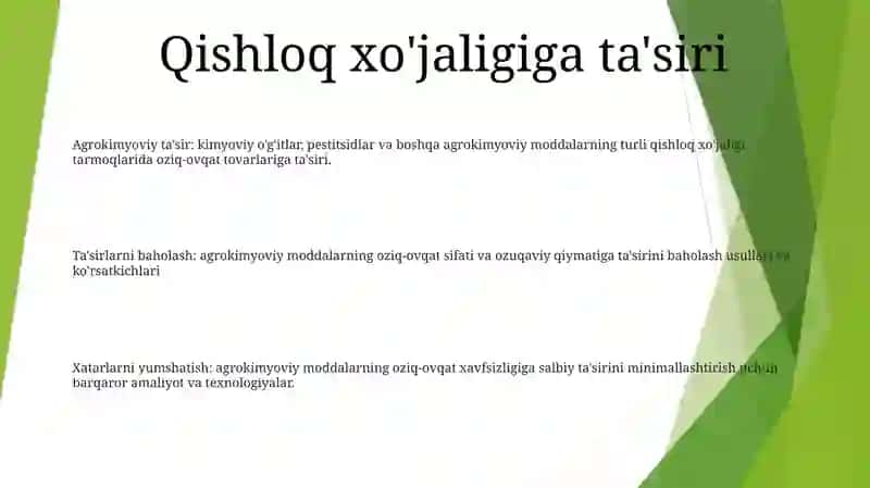 Kimyoviy Ogitlar, Pestitsidlar Va Boshqa Zaharli Kimyoviy Moddalardan Foydalanish Orqali Qishloq Xo’Jaligining Turli Sohalarida Оziq-Оvqat Mahsulotlari Xom Ashyolari Sifatiga Ta’Siri Va Uni Baholash 2