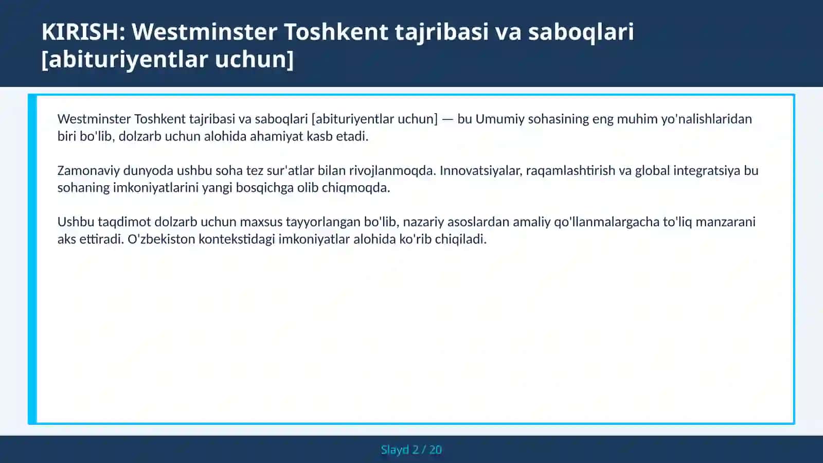Westminster Toshkent tajribasi va saboqlari [ABITURIYENTLAR UCHUN] 2