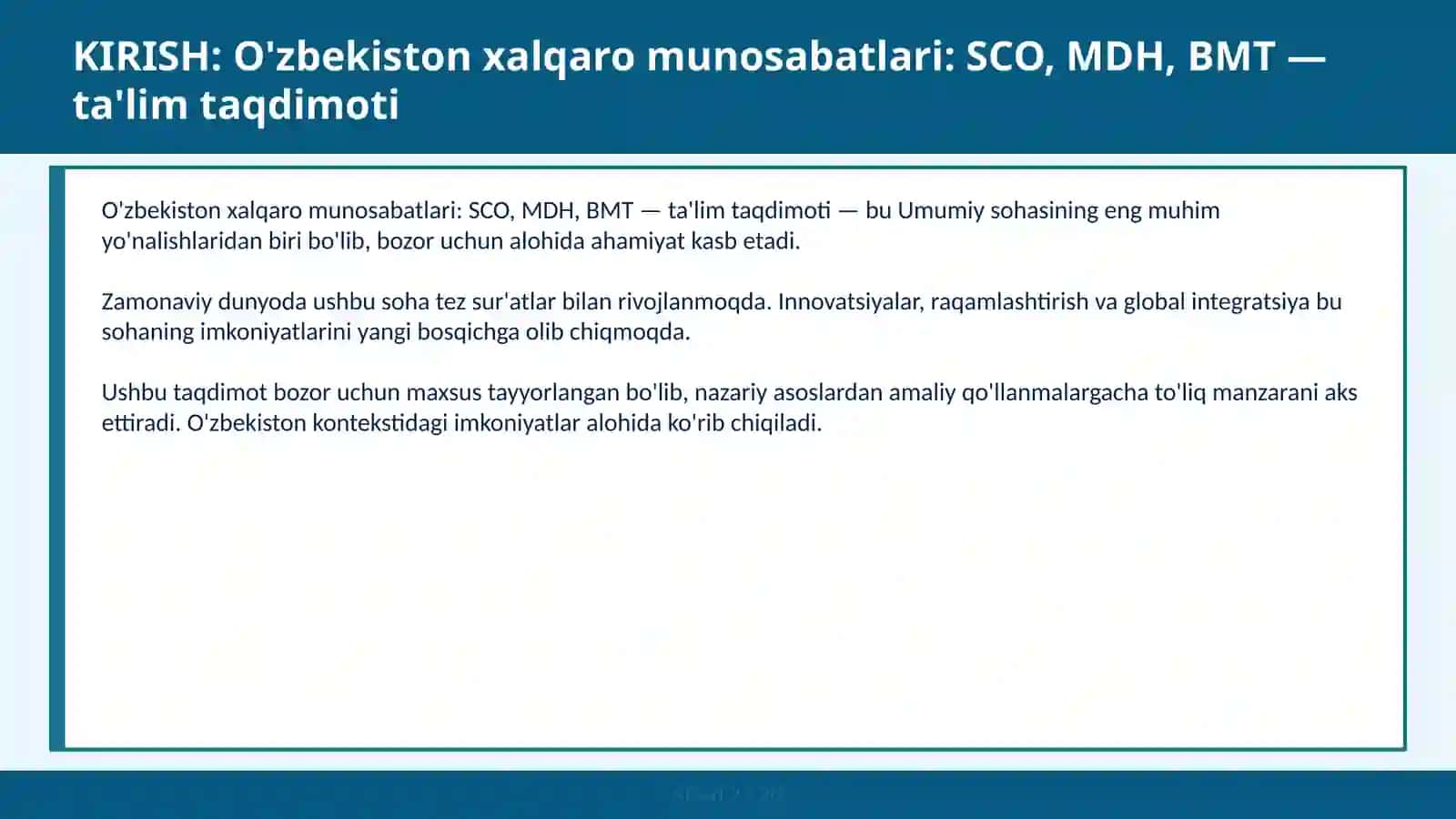 O'zbekiston xalqaro munosabatlari: SCO, MDH, BMT — ta'lim taqdimoti 2
