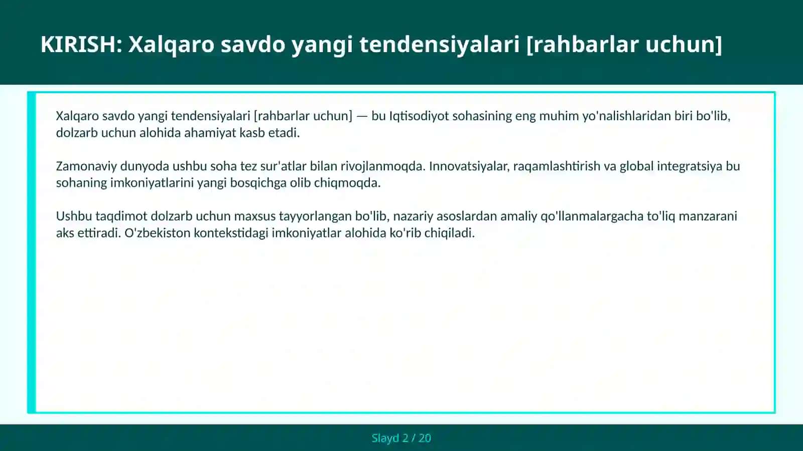 Xalqaro savdo yangi tendensiyalari [rahbarlar uchun] 2