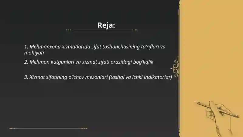 Mehmonxona xizmatlarida sifat tushunchasi 2