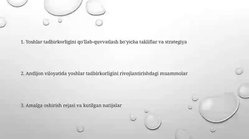 Yoshlar Tadbirkorligini Rivojlantirishni Takomillashtirish Andijon Viloyati Miqyosida 2