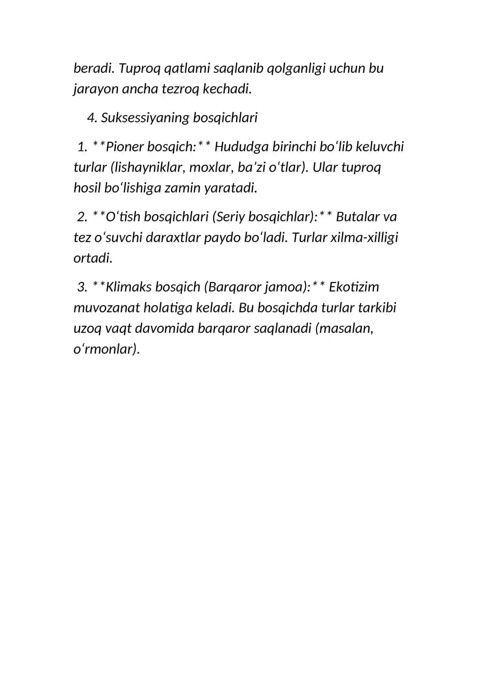 Ma'ruza: Ekotizimlarning o'zgarishi va suksessiya hodisasi 2