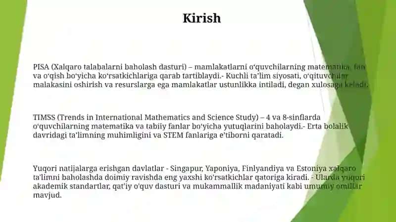Xalqaro Tadqiqotlar Pisa, Timss Reytinglarida Yuqori O'Rinlarni Egallab Kelayotgan Davlatlar 2