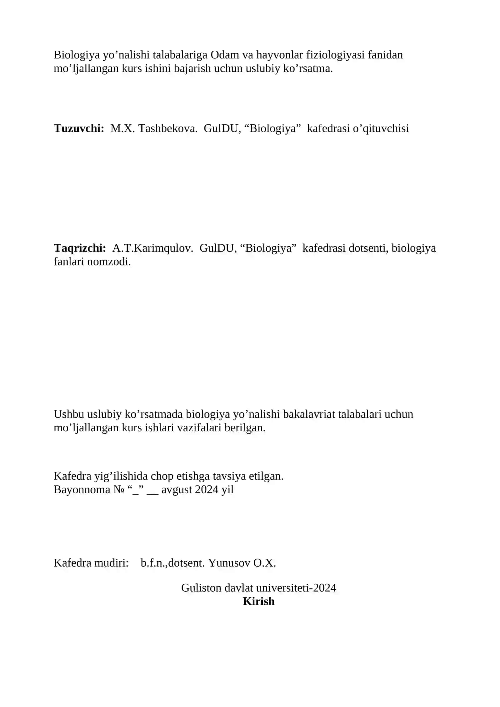 Biologiya YO'nalishi Talabarlari Uchun Odam va Hayvonlar Fiziologiyasi Fanidan Kurs Ishlari 2